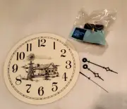 8" Farmhouse & Windmill Scene Enamel metal clock face w/ hands and motor, cream