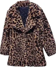 [Zylphorix] Women Lapel Leopard Medium Long Coat Long Sleeve Leopard Print Teddy Jacket Faux Fur Warm Winter Outwear With Pockets