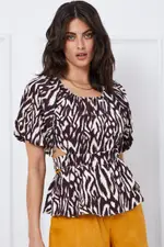 Print Peplum Blouse Short Sleeve Linen - Size 12, Women's Peplum