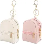 2Pcs Mini Backpack Cute Cosmetic Bag for Women Creative Pendant Keychain Key-chains Keyrings PU Leather Makeup Bag Key Pocket Lipstick Bag Card Holder Data Cable Organizer Zipper, Pink, White