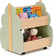 [Honey Joy] Kids Wooden Bookshelf, Toddler Double-Sided Bookcase Toy Storage w/Universal Wheels, 2-Tier Children Storage Shelf Book Rack for Kids Room, Playing Room, Classroom, Kindergarten, Green