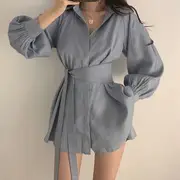 Set: Lantern-Sleeve Mini A-Line Shirtdress + Shorts Set - Grayish Blue - XL