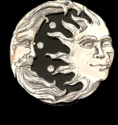 Celestial Sun & Moon face Sterling Silver Black Gemstone Statement Brooch Pin