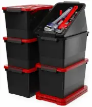 17 Quart Stackable Plastic Storage Bins with Red Lids, 6 Pack Black Container...