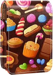 Travel Lipstick Organizer Case,Lipstick Case Portable Makeup Bag with Mirror,Candy Chocolate Cupcake