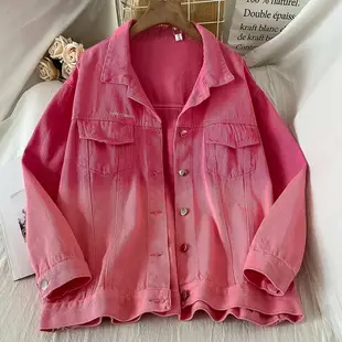 粉紅色寬松牛仔外套女年新款秋冬季復古港風chic夾克襯衫上衣