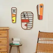 [LIFVEAN] Abstract Wood Picasso Wall Art Decor - Modern Minimalism Mask Home Wall Decor - Vintage Pop Wall Art for Bedroom Bathroom Living Room (3 Piece)