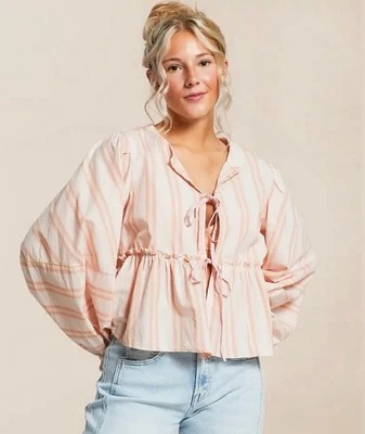 Free People Women's Brunch Babe Tie-Front Blouse Pink Stripe Medium