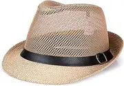 [Huloretions] Straw Fedora Hat for Men Packable Short Brim Roll Up Trilby Hat Panama Summer Beach Sun Hat UPF 50+ Foldable Floppy Travel Packable Staw Hat Khaki, Khaki, Medium