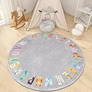 Round ABC Kids Rug,4 ft Animal Alphabet Play Mat Playroom Rug,Washable Non-Slip Cute Nursery Rug for Kids Room,Educational Kids Play Rug Classroom Rug for Playroom Kids Room Bedroom Decor