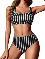 [Zilcremo] Women High Waist Bikini Sets Sporty Two Piece Swimsuits Striped Ribbed Cheeky High Cut Bathing Suits Swimwear, Blackstriped, Medium