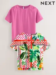 Solid Pink and Multicoloured Fruit Print Textured Fabric Boxy T-Shirts 2 Pack (AW7484) | $79