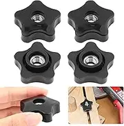 4PCS T-Track Knobs, 3/8 Inch 16 Through-Hole knobs, Five-Star Thru Threaded Knob Nuts, Star Shape Knurled Clamping Nuts for Sawing Machine, Drilling Machine, Plastic Screw-On Type(Black)