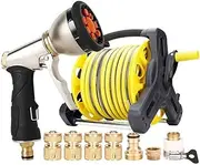 Garden Water Hose Reel Garden Hose Reel with Hoses, Wall Mounted High Pressure Car Wash Water Gun Hose Set with Adjust Deformation Spray Nozzle，for Outside, Yard, Patio(10m)