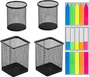4 Pack Metal Mesh Pen Holder, Pen Holder, 3 Pcs sticky notes, Durable Pen Organizer Desk Organisers Set for Office Desk Storage