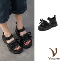 在飛比找momo購物網優惠-【Vecchio】真皮涼鞋 厚底涼鞋/真皮頭層牛皮蝴蝶結繩飾