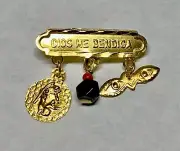 14K DIOS ME BENDIGA BABY PIN w/ GENUINE AZABACHE, GUARDIAN ANGEL & ST. LUCY EYES