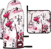 Paris Eiffel Tower France Print Cooking Oven Mitts and Pot Holders Set Heat Resistant Nonslip Waterproof Baking