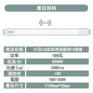 大同TATUNG LED 節能 微波 感應 T8燈管 16W 4尺 待機30% TATUNG-TL16W120D-S
