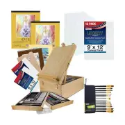 U.S. Art Supply 124 Piece Wood Box Easel Painting Set - Oil, Acrylic, Waterco...