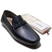 NEW Ferragamo Bit Loafers Navy Blue Pebbled Leather Men's Drivers Dress Slip-on