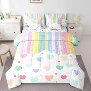 Feelyou Rainbow Stripe 7 Piece Bedding Set Girls Like Full Size Colorful Love Heart Comforter Set with Sheets for Kids Teens Toddler Cartoon Cute Bed in a Bag Kawaii Bed Set