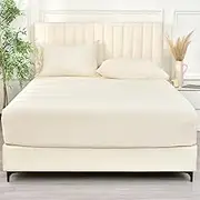 PHF 100% Rayon Derived from Bamboo Cooling Fitted Sheet Queen Size for Hot Sleeper,16" Deep Pocket,2.5cm Wider Strong Elastic Band Easy Fit, Breathable Silky Soft, 60"x 80",Cream,No Pillowcases