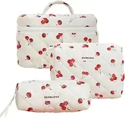 AZURAOKEY 3PCS Quilted Cherry Makeup Bag for Women, Cute Cherry Cosmetic Pouch Vintage Travel Coquette Aesthetic Small Cosmetic Bag for Women Suitcase Accessories, Cherry, Fashion