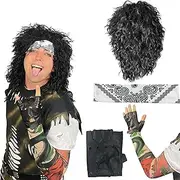 Watt's Wigs - 80s Hair Metal Rocker Costume Set - Glam Rock Band Black Curly Wig with Paisley Print Stretch Fabric Headband, Color Tattoo Sleeve, and Biker Glove - One Size Fits All (Black)