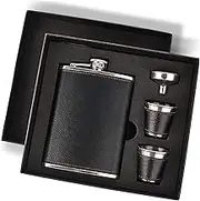 Hip Flask Gift Set, Hip Flasks for Liquor for Men with Black Leather Cover, 8 Oz Hip Flask Set, 18/8 Stainless Steel Hip Flasks for Liquor with 2 Cups & Funnel, Flasks for Liquor for Men Gift Box