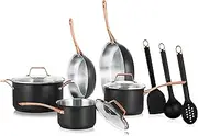 [Nutrichef] 11 Pcs. Stylish Kitchen Set w/Modern Cookware Design Non-Stick Kitchenware Pots & Pans, Small & Medium Skillet Fry Pans w/Golden Handles, NCONYX