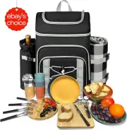 Picnic Basket Backpack for 4 Insulated Cooler Blanket Cutlery Set Black