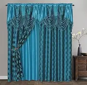 Circle Cycle. Clipped Voile/Voile Jacquard Window Curtain Panel Drape with Attached Fancy Valance & Taffeta Backing. 2pcs Set. Each pc 54" Wide x 82.5" Drop + 18" Valance. (Turquoise)