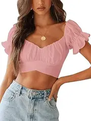 [Generic] Women's Ruffle Short Sleeve Tie Up Back Crop Top Off Shoulder Bardot Blouse