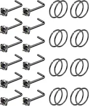 FIBO STEEL 28PCS Hypoallergenic Nose Rings Hoops Stud Set|316L Surgical Steel Nose Ring for Women Men|L Shaped CZ Nose Studs Hoop Nose Piercings Jewelry 18G 20G 22G Silver Rose Gold Black Rainbow