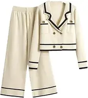 [HEYDHSDC] Women Turn-Down Collar Button Pocket Knitted Sweater Wide Leg Trousers 2 Piece Sets