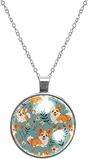 [Diusye] Necklaces for Women, Corgi Dogs and Florals Print Stainless Steel Pendant Necklace Jewelry Birthday Anniversary Wife Girls Friends Gift
