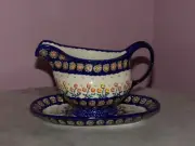 Polish Pottery Gravy Boat & Tray! UNIKAT Signature Lucy Pattern!