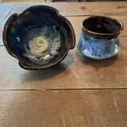 Freedom Pottery Studio Pottery Artist Signed Set Of 2 Bowl And Vessel