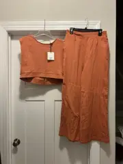 Orange Gauzy Pull On Straight Leg Pants & Zip Muscle Crop Top Women's Size Large