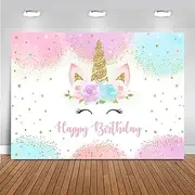 Happy Birthday Backdrop Banner Unicorn Birthday Party Backdrop, Pastel Rainbow Design with Glitter Stars, Birthday Party Photo Photography Prop Booth Background for Girls (210 * 150CM)