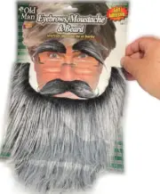 Fake OLD MAN GRAY EYEBROWS MUSTACHE & LONG BEARD SET Funny Stick On Hair Redneck