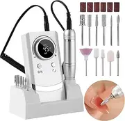 Electric 45000RPM Nail Drill Machine Rechargeable Portable Nail File Electric DIY Nail Drill Kit with Smart LCD Screen for Gel Nail Manicure and Pedicure Reflective Body etc (White)