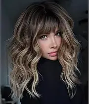 Brown Wig with Bangs,Brown Highlight Synthetic Shoulder Length Curly Wavy Wigs for Women Party Daily Use 18IN