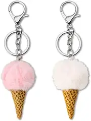 [Kilener] Ice Cream Keychain Fluffy Keychains for Women Cute Ice Cream Cone Key Chain Fur Ball Keychain Fluffy Accessories for Women Ice Cream Pendant Keychain Charms for Car Keys Purse Handbag 2Pcs