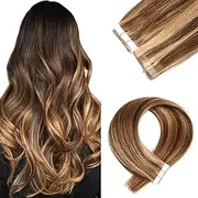 20PCS Remy Hair Extensions Tape in Human Hair, Balayage Chocolate Brown to Caramel Blonde Highlights with Roots Tape in Hair Extensions,24INCH