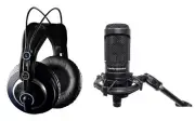 Audio Technica AT2050 Studio Condenser Recording Microphone Mic+AKG Headphones