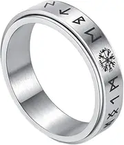 [DFWY] Men Women Viking Compass Runes Spinner Ring -Nordic Vegvisir Stainless Steel Rotatable Ring - Handmade 6MM Elder Futhark Runes Promise Ring Jewelry (Color : Silver, Size : 08)