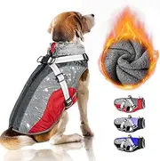 SlowTon Winter Dog Coat with Detachable Harness, Waterproof Fleece Lining Warm Dog Clothes for Small Medium Large Dogs, Reflective Adjustable Furry Jacket Outdoor Walking Puppy Vest Apparel
