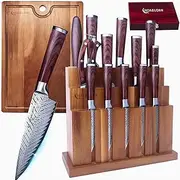 Damascus Knife Block Set 15PCS Kitchen Knife Set with Block Premium Chef Knife Set Stainless Steel Handle, Japanese Knife Set, Cutting Board, Wine Corkscrew Set Perfect Housewarming Gift